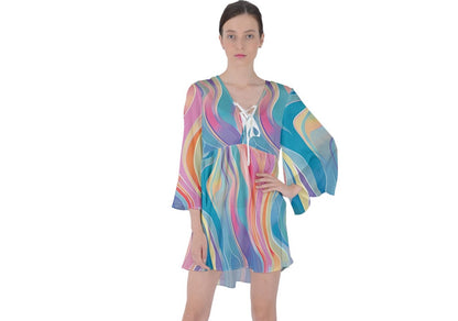 Rainbow V-Neck Flare Sleeve Mini Dress - Mila Beachwear
