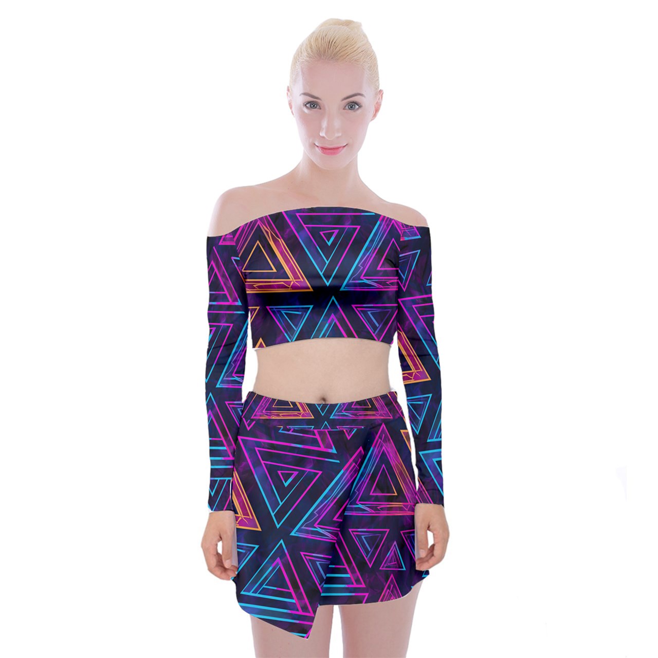 Triangular Prism Off Shoulder Top with Mini Skirt Set - Mila Beachwear