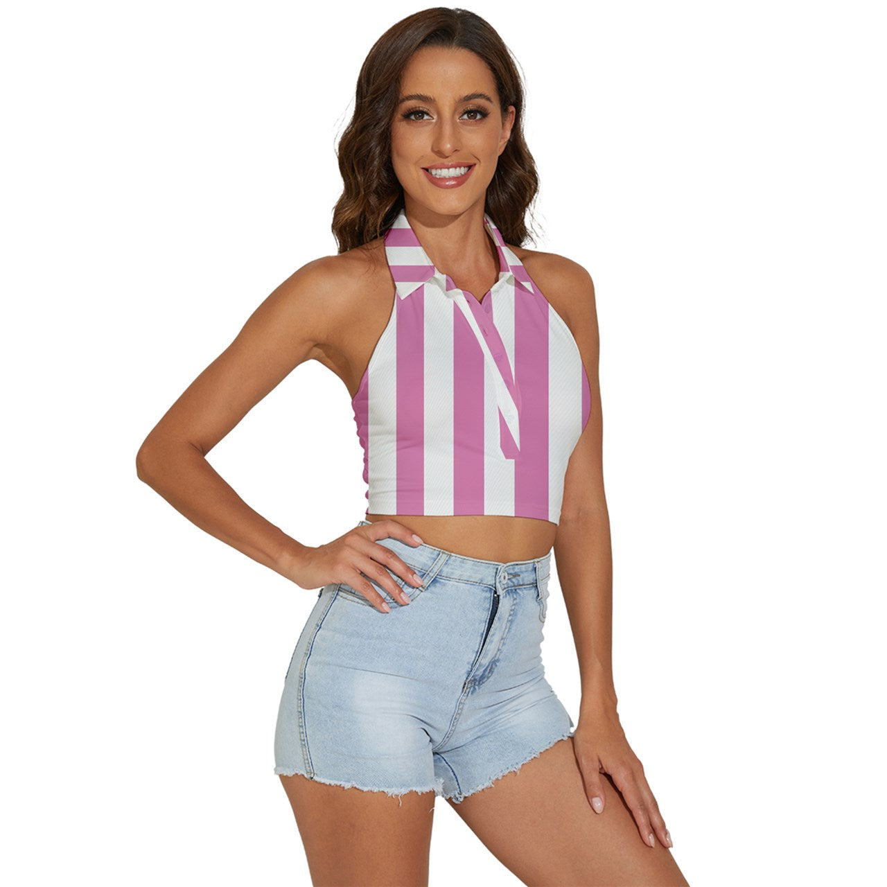 Pink Linear Luxe Backless Halter Cami Shirt