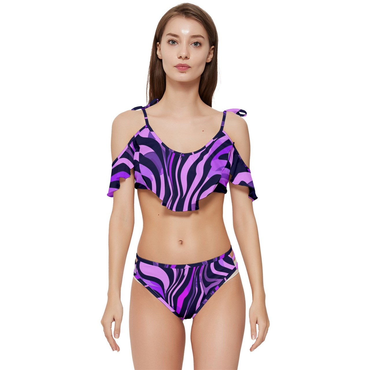 Lavender Safari  Ruffle Edge Tie Up Bikini Set