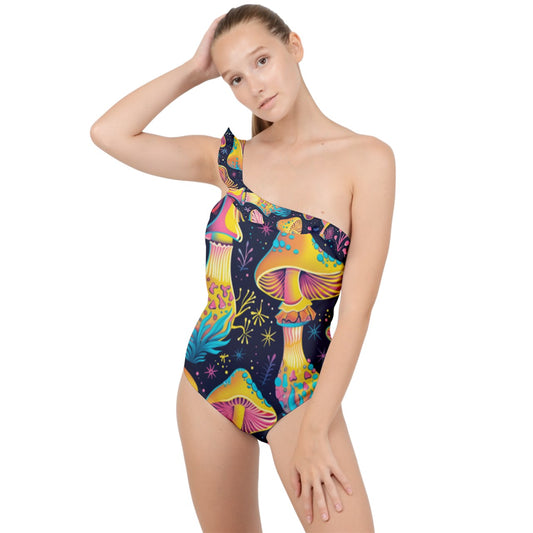 Neon Shrooms Frilly One Shoulder Swimsuit