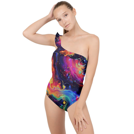 Cosmic Kaleidoscope Frilly One Shoulder Swimsuit
