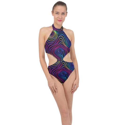Neon Rainbow Halter Side Cut Swimsuit