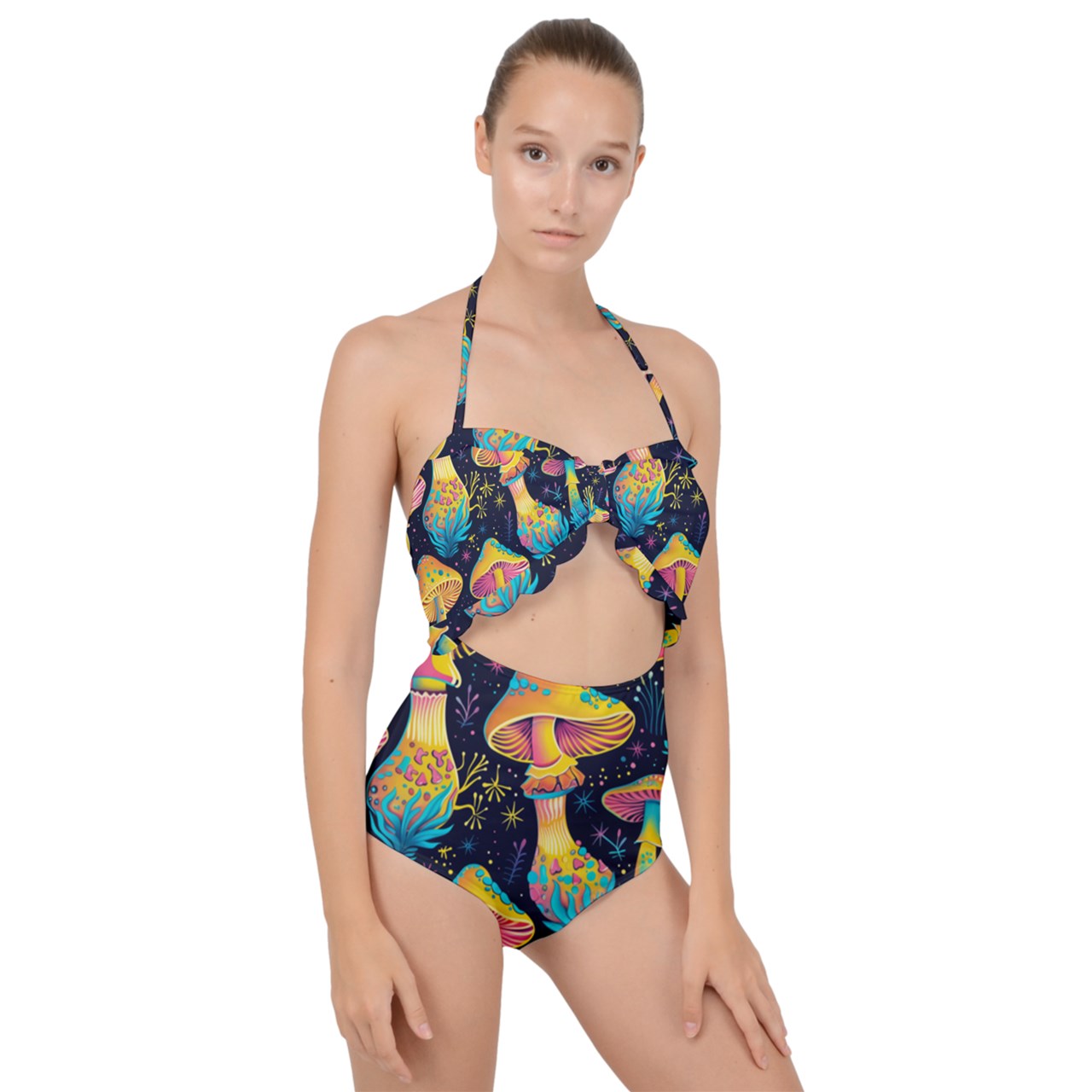 Neon Shrooms Scallop Top Cut Out Swimsuit