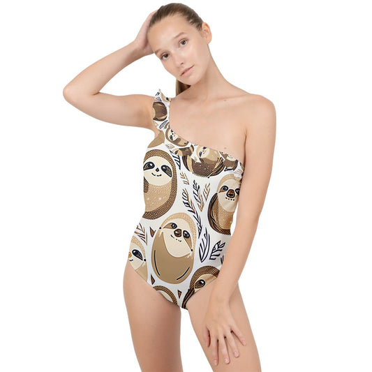 Sloths Frilly One Shoulder Swimsuit