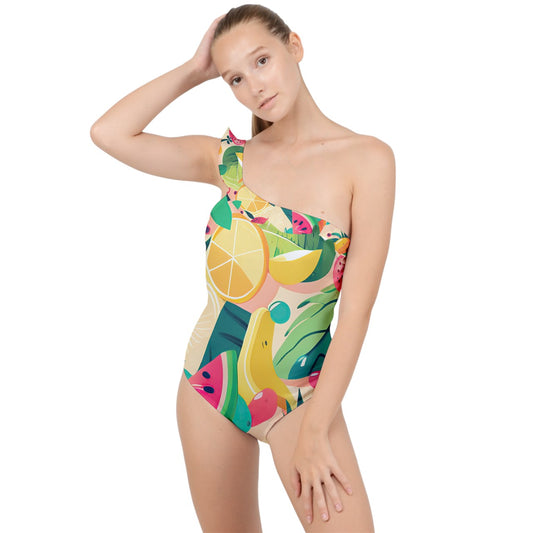Tropical Fruit Cocktail Frilly One Shoulder Swimsuit