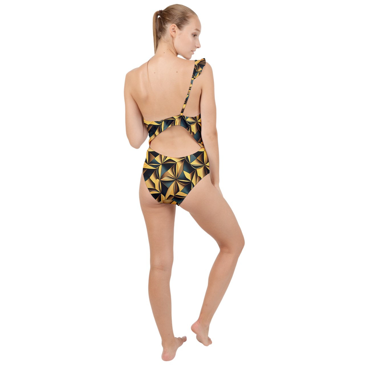 Geometric Abstract Frilly One Shoulder Swimsuit