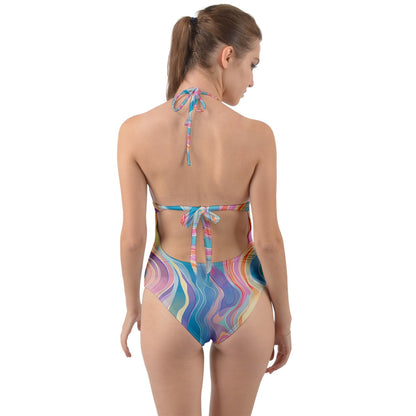 Rainbow Halter Cut-Out One Piece Swimsuit