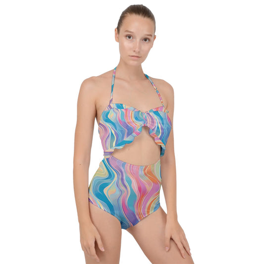Rainbow Scallop Top Cut Out Swimsuit