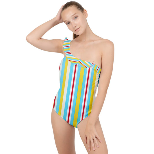 Color Block Linear Luxe Frilly One Shoulder Swimsuit