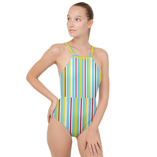 Color Block Linear Luxe High Neck One Piece Swimsuit
