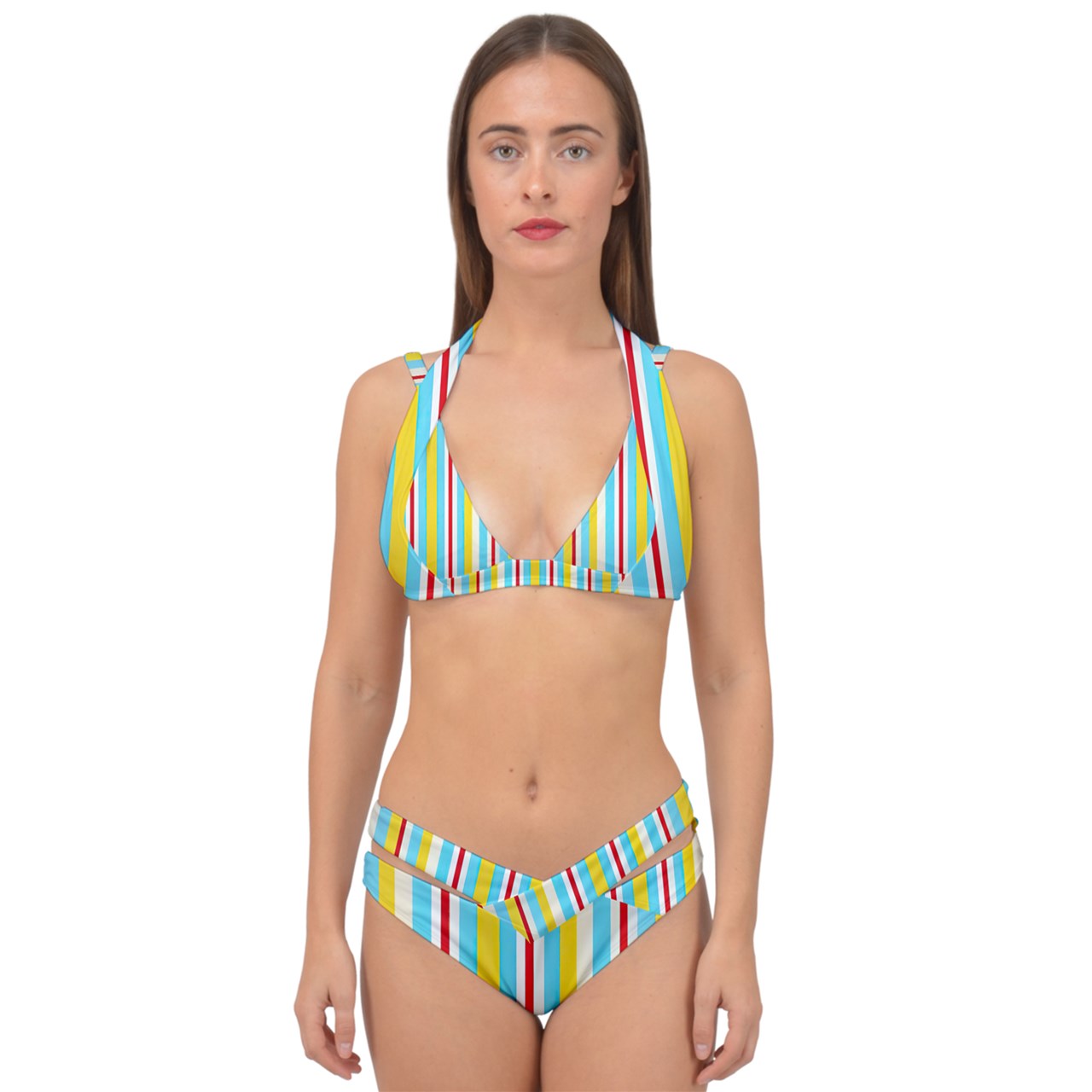 Color Block Linear Luxe Double Strap Halter Bikini Set
