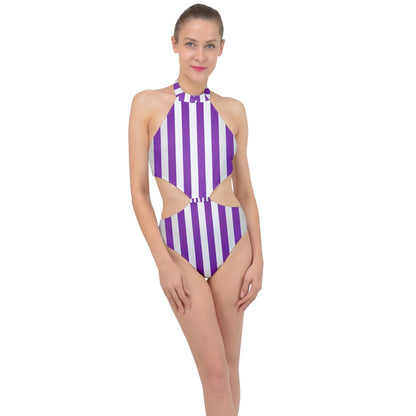 Purple Linear Luxe Halter Side Cut Swimsuit