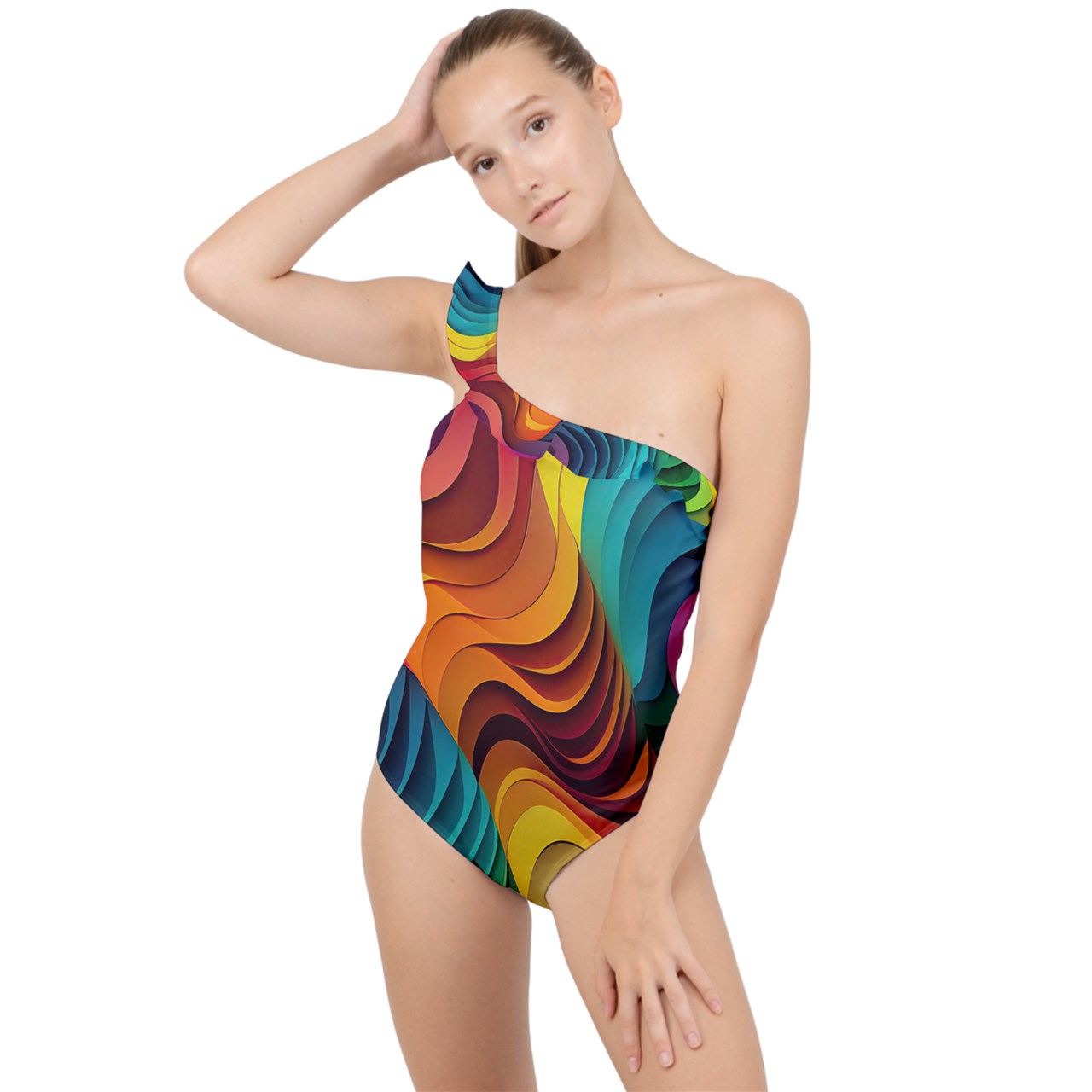 Rainbow Dreamland Frilly One Shoulder Swimsuit