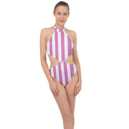 Pink Linear Luxe Halter Side Cut Swimsuit