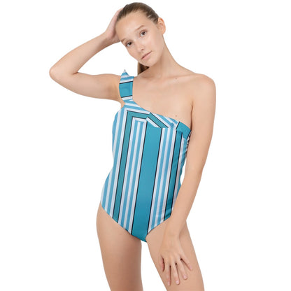 Turquoise Linear Luxe Frilly One Shoulder Swimsuit