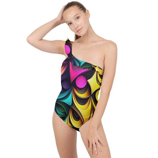 Exotic Mosaic Frilly One Shoulder Swimsuit