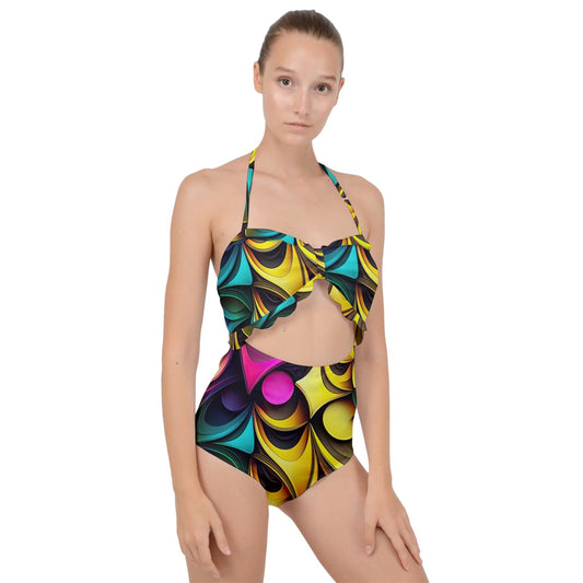 Exotic Mosaic Scallop Top Cut Out Swimsuit