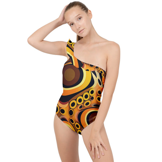 Abstract Sunset Frilly One Shoulder Swimsuit