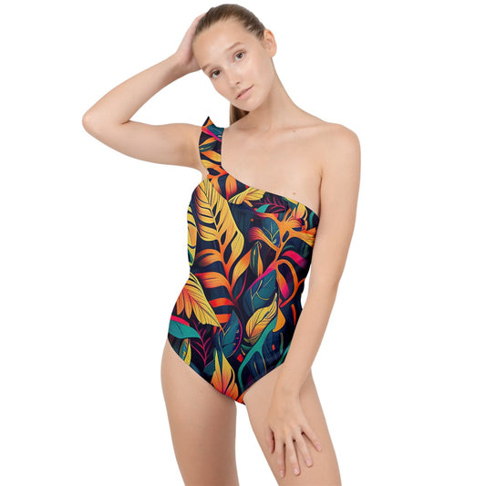 Rhapsody Forest Frilly One Shoulder Swimsuit