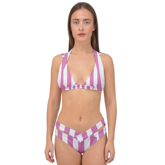 Pink Linear Luxe Double Strap Halter Bikini Set
