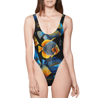 Tropical Fishes High Cut  One-Piece Foil Swimsuit - Mila Beachwear