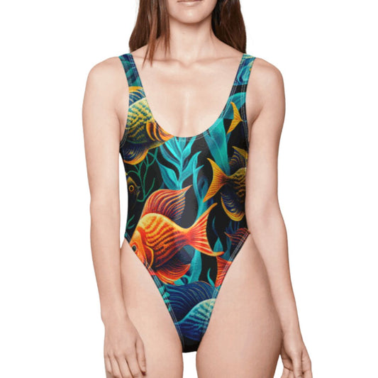 Colorful Fishes High Cut  One-Piece Foil Swimsuit - Mila Beachwear
